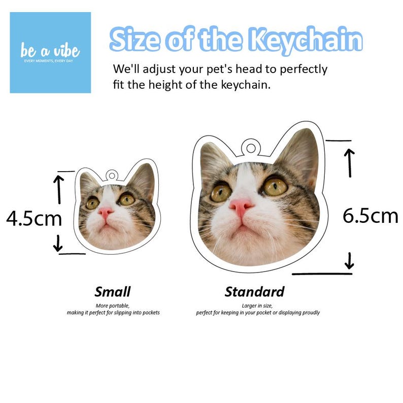 Choose the size of the personalised and custom made dog and cat keychains will small or standard size. portable and perfect for slipping into pockets and best for displaying