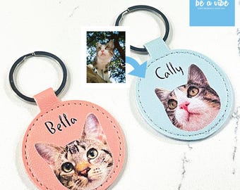 Custom Cat/Dog Photo Leather Keychain Personalised Pet Portrait Name Leather Picture Keyring Anniversary Memorial Loss Gift Him Her Mom Dad