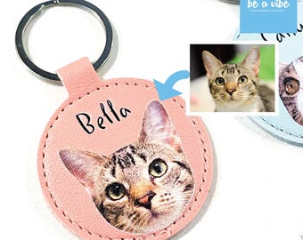 Custom Cat Leather Photo Keychain Personalised Pet Portrait Name Leather Picture Keyring Anniversary Memorial Loss Gift Him Her Mom Dad