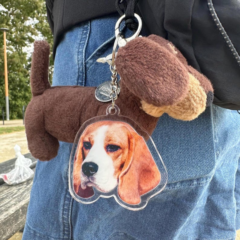 May include: A brown plush dog keyring with a clear plastic charm featuring a beagle dog's face. The charm is attached to a silver chain and a silver key ring.