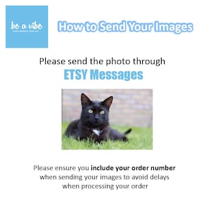 black cat on grass asking people to send their photo to custom or personalised keychain through etsy messages