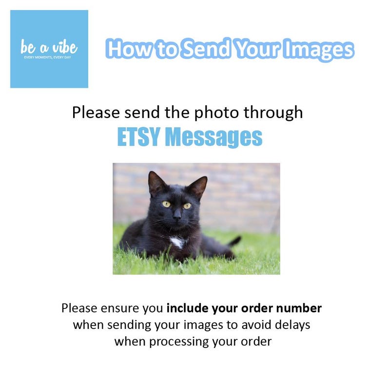 black cat on grass asking people to send their photo to custom or personalised keychain through etsy messages