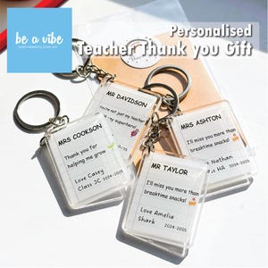 Personalised Teacher Thank You Keyring, Lined Paper Style, End of Year Gift from Child, Custom Message Name Class Year, Teacher Appreciation