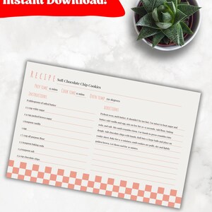 Modèle de carte de recette minimaliste - PDF imprimable, feuille de recette modifiable propre avec Vichy, décoration de cuisine moderne mignonne, téléchargement immédiat