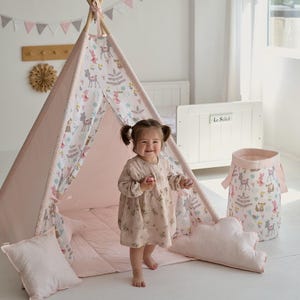 Teepee Tent Peach Animal Montessori Tent Kids Playhouse Play Toddler Kids Birthday Gift Cotton Teepee Children&#39;s House Tipi Tent for Kids