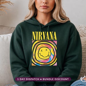 Nirvana Smiley Face Hoodie, Grunge Rock Band Psychedelic Swirl Pullover, Vintage Music Fan Top Men Women