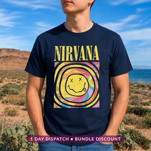 Nirvana Smiley Face Shirt, Grunge Rock Band Psychedelic Swirl T-shirt, Vintage Music Fan Tee Men Women