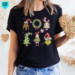 Retro Christmas Characters T-Shirt, Snow Holiday Shirt, Xmas Grinch Tops, Cute Cartoon Characters Tee, Festive Xmas Character Shirts