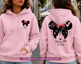 Personalised Disney Trip Hoodie, Custom Name Mickey Minnie Ears Castle Pullover, Fireworks Balloons 2026 Vacation Outfit