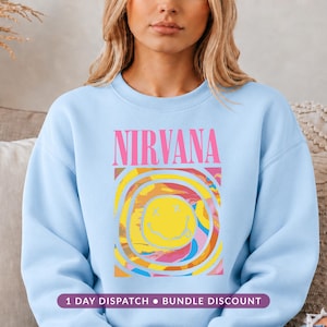 Nirvana Vintage Smiley Face Sweatshirt, Retro Pink Grunge Rock Jumper, 90s Tie Dye Music Shirt