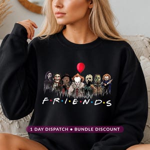 Horror Friends Scary Halloween Sweatshirt, Ghostface Pennywise Freddy Chucky Spooky Jumper, Creepy Characters Halloween Shirt for Adults