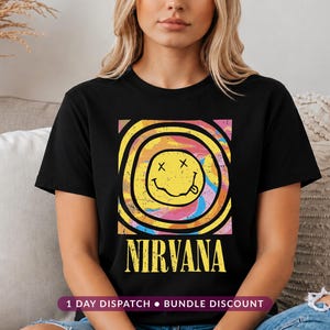 Nirvana Tie Dye Smiley Face Shirt, Psychedelic Swirl Grunge Rock Band Jumper, Vintage Music Fan Shirt Men Women