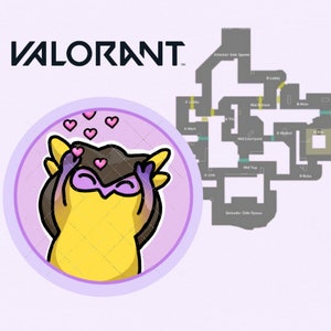 May include: A cartoon illustration of a yellow creature with purple eyes and a pink mask, with hearts floating around it. The creature is covering its eyes with its hands. The background is a light purple color. The text "VALORANT" is in the top left corner of the image.
