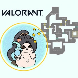 Peut inclure: Une illustration de dessin animé d'un personnage de chat avec des cheveux bleus et un orbe bleu dans sa patte. Le personnage est entouré d'étoiles jaunes et d'un fond bleu clair. L'image comprend également une carte de la carte Valorant "Bind" avec le texte "VALORANT" en haut.