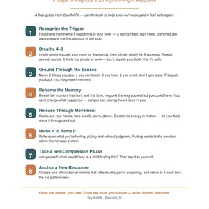 Könnte beinhalten: Ein weißes Informationsdokument mit dem Titel Calm the Storm, 8 Steps to Regulate Your Fight-or-Flight Response. Es listet acht nummerierte Schritte mit Beschreibungen auf, darunter Recognize the Trigger, Breathe 4-8, Ground Through the Senses und mehr.