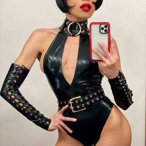 Latex Bodysuit Krystal. Black with Gold colour hardware. Belt NOT included. lingerie.