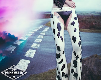Latex Pants Trousers Cow girl Chaps, in Black and White.