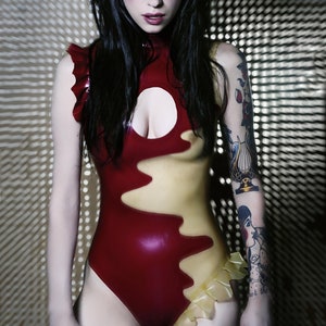Latex Bodysuit Twilight, in Metallic Red and Translucent natural. Lingerie.