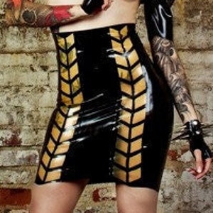 Latex clothing Chevron see through Lace up back Skirt in black with translucent natural. image 1