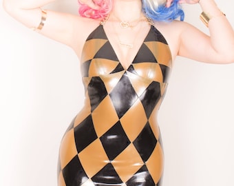 Latex Dress Night club Harley Quinn dress, with gold color chain in black and gold.  Cosplay. lingerie.