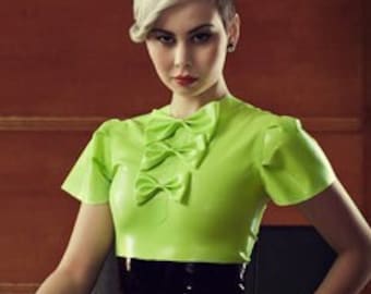 Latex Clothing Bow Secretary top in Lime green or any other plain colors. Short sleeves. Lingerie.