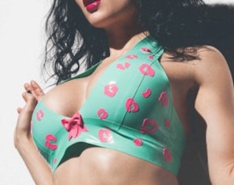 Latex lingerie Leopard bikini top Bra in Jade green and hot pink.