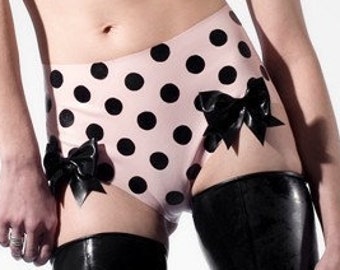 Latex Lingerie Baby pink and black polka dot panties with bows. Shorts. Knickers.