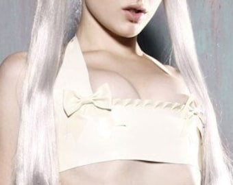 Latex lingerie Bow and ruffle halter neck bra in white.
