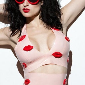 Latex Lingerie Baby Pink Hot Lips Bra Top in baby pink base, with 3D latex red lips. image 1