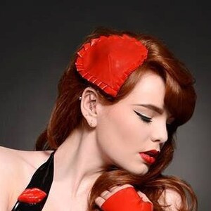 Latex clothing Red Heart fascinator hat.