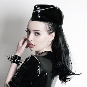 Latex Army Side Cap Hat in black with Zipper detail. Unisex.