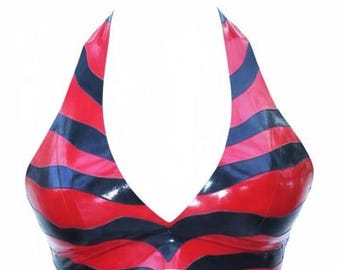 Latex Lingerie Zebra bikini top in Red and Black stripes or any other colors.