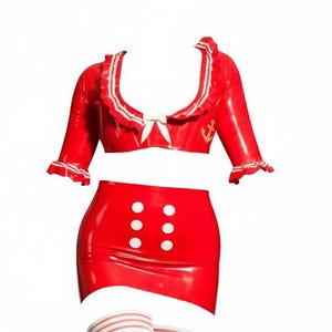 Latex Dress Red Sailor top and mini skirt set. Lingerie.