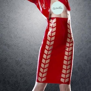 Latex clothing high waist Pencil Skirt in red with translucent natural Chevron see-through panels. Lingerie.