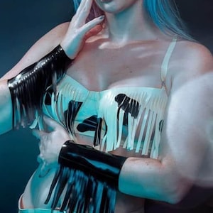 Latex lingerie Cow pattern underwired fringe bra in Black and White or any other colors.