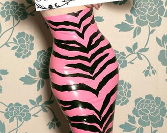 Latex clothing Zebra high waist pencil skirt in Bubblegum Pink and black stripes. Lingerie.
