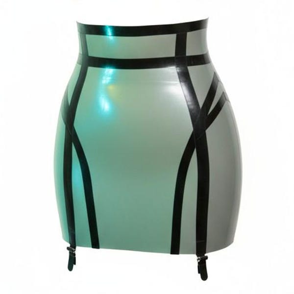 Latex Lingerie Sylvie high waist skirt in silver with black trim. suspender grips.