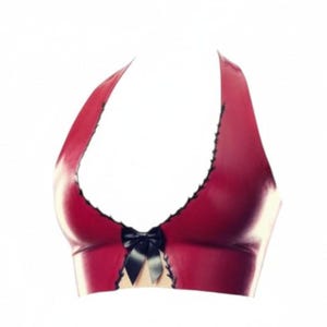 Latex Lingerie See Through detail Halterneck Bra in metallic red, black and translucent pink.