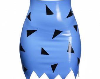 Vêtements en latex Jupe Flintstone à motifs bleu moyen et noir. Cosplay. Sous-vêtements.