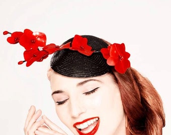 Latex clothing Wild Orchid fascinator hat in Red or any other colors.