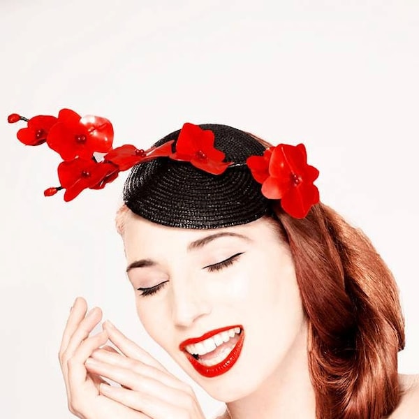 Latex clothing Wild Orchid fascinator hat in Red or any other colors.