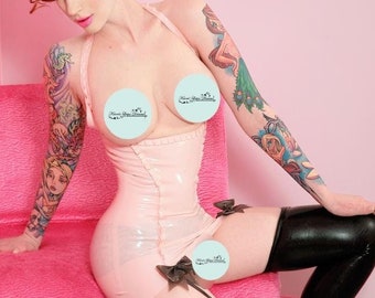 Latex Lingerie Baby Pink open bust Dress, with ruffles, bows and 4 suspenders.