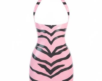 Latex Dress Pink Zebra halter neck mini, in Bubblegum Pink and Black stripes. Lingerie.