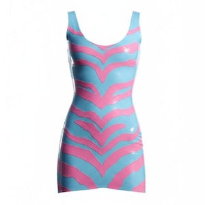 Latex clothing Zebra dress in light blue with bubble gum pink pattern appliqued.  lingerie.