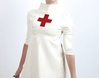 Latex Dress Nurse, in White with Red cross and Skater skirt. Cover buttons. Cosplay. Lingerie.