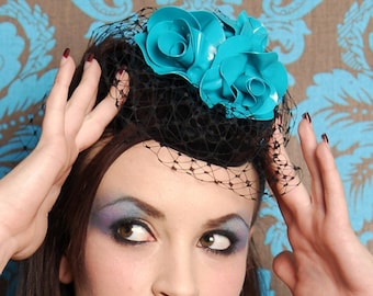 Latex clothing hat with roses and black netting