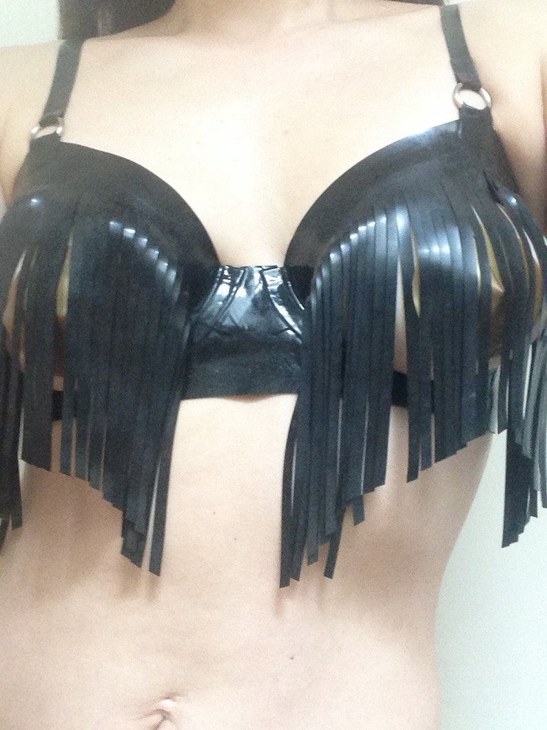 Latex lingerie Sasha underwired Open Cup fringe bra in Black or any other colors. image 6
