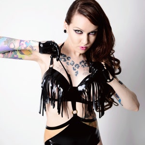 Latex lingerie Sasha underwired Open Cup fringe bra in Black or any other colors. image 4