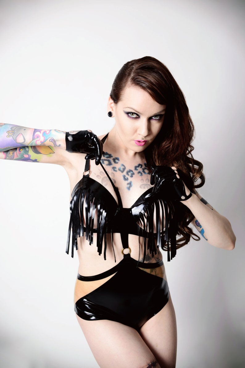 Latex lingerie Sasha underwired Open Cup fringe bra in Black or any other colors. image 4