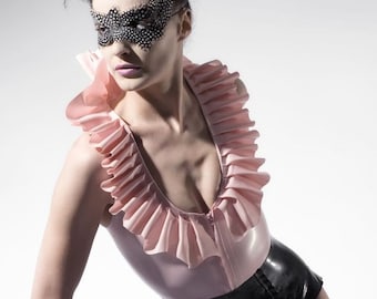 Latex clothing ruffle collar body suit in Baby pink and black Lingerie